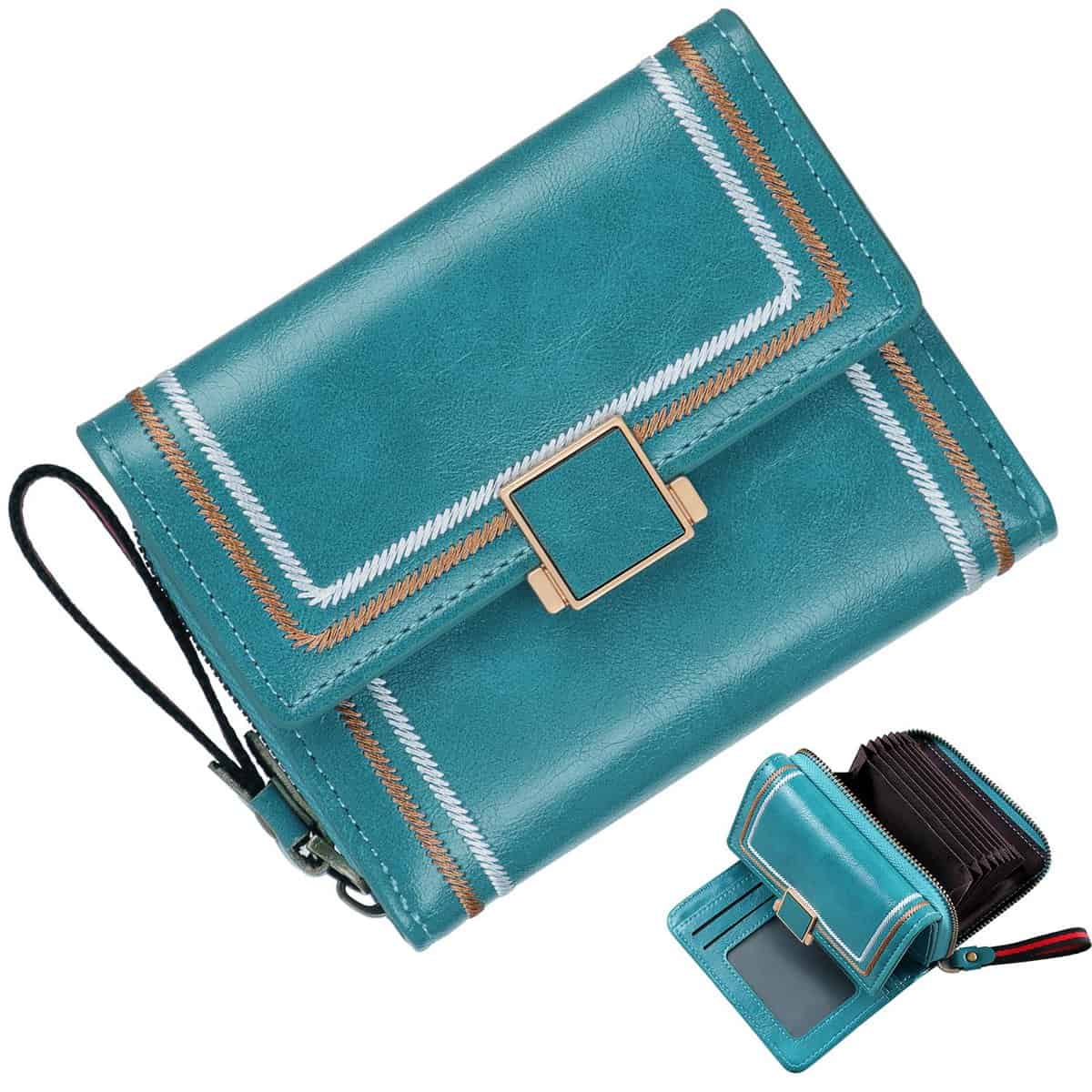 GSG Small Womens Wallet RFID Blocking Credit Card Holder, Leather Retro Bifold Ladies Pocket Wallet with Zipper Coin Pocket, Teal, Retro