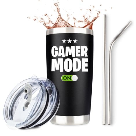 Gaming-themed stainless steel tumbler for cold/hot beverages with lid, straws. Perfect gift for Father’s Day.