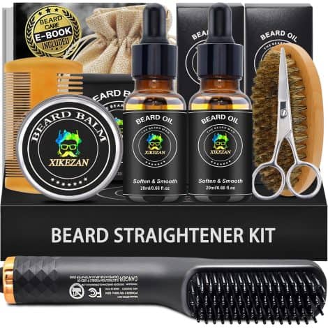 Beard Styling Set: Straighten, Nourish, and Groom your Beard with Straightener, Spray, Wash, Conditioner, and more. Perfect gift for Men.