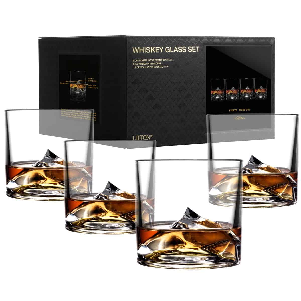 LIITON Everest Crystal Whiskey Glass Set of 4: Heavy Whisky Tumbler Best as Old Fashioned Glasses