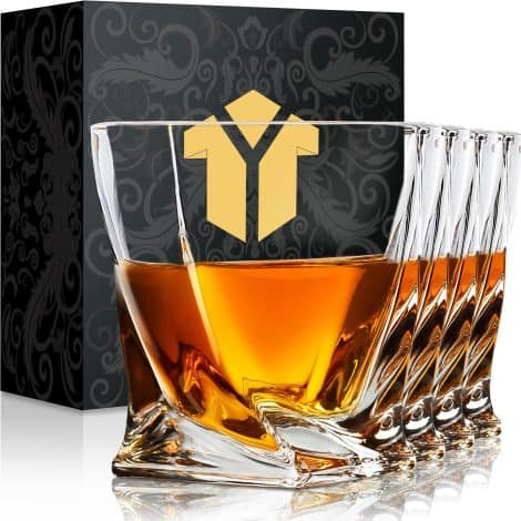 Set of 4 elegant Twist Whiskey Glasses, perfect for enjoying Bourbon, Scotch, or Cocktail Whisky.