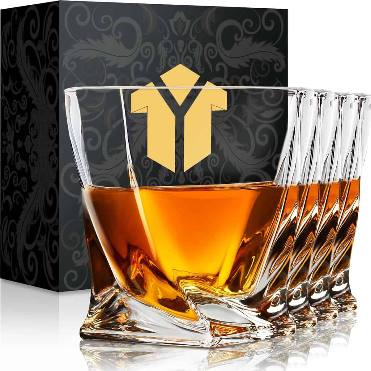 Twist Whiskey Glasses Set of 4, Crystal Lowball Rock Glasses with Gift Box, 10 oz Old Fashioned Tumblers for Bourbon,Scotch,Cocktail Whisky (Classic 1)