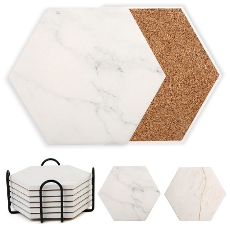 Hexagon Ceramic Coasters with Metal Holder in Marble Pattern, Cork Base. Perfect for Man Cave or Housewarming Gifts.