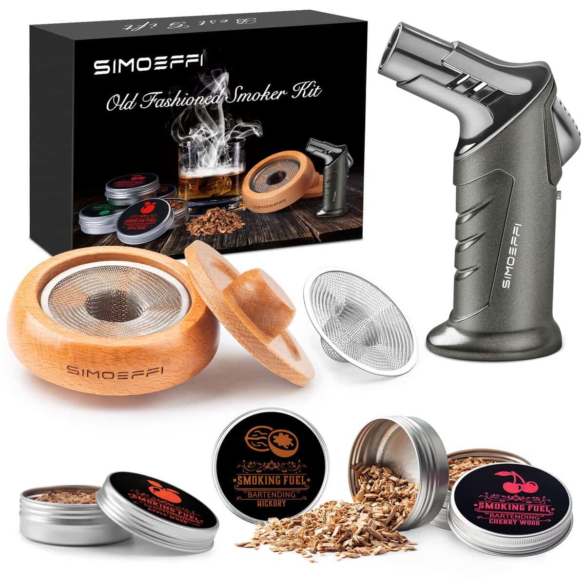 Cocktail Smoker Kit with Torch, Old Fashioned Smoker Kit for Bourbon Whiskey Drink, with 4 Different Flavor Wood Smoker Chips, Vodka/Gin/Tequila/Rum Liquor Gifts for Whiskey Lovers, Father(No Butane)