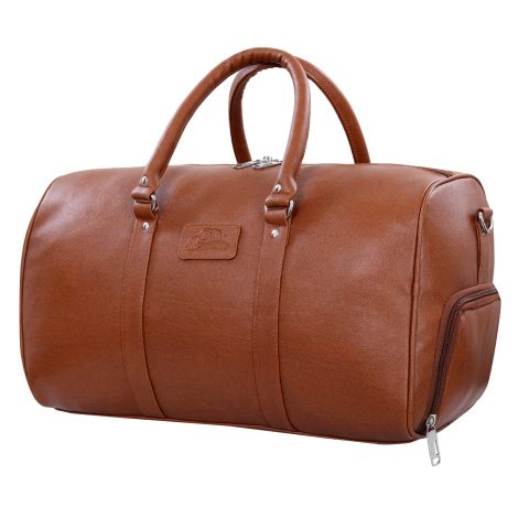 Leather World Travel Duffle Bag with Shoe Pocket, Textured Leatherette, Shoulder Strap & Cabin Size. (TAN)