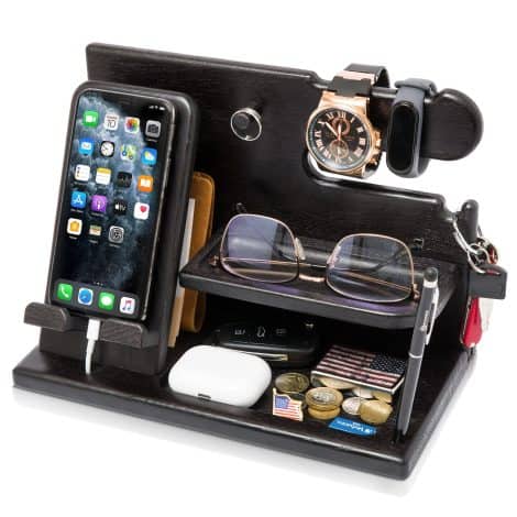 Wooden Phone Docking Station with Key Holder, Wallet Stand, and Watch Organizer. Ideal gift for men.