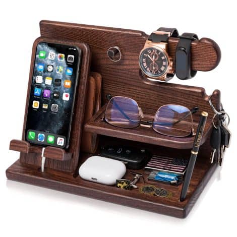 TESLYAR Ash Wood Phone Docking Station: Key holder, wallet stand, watch organizer. Perfect gift for dad, husband, boyfriend.