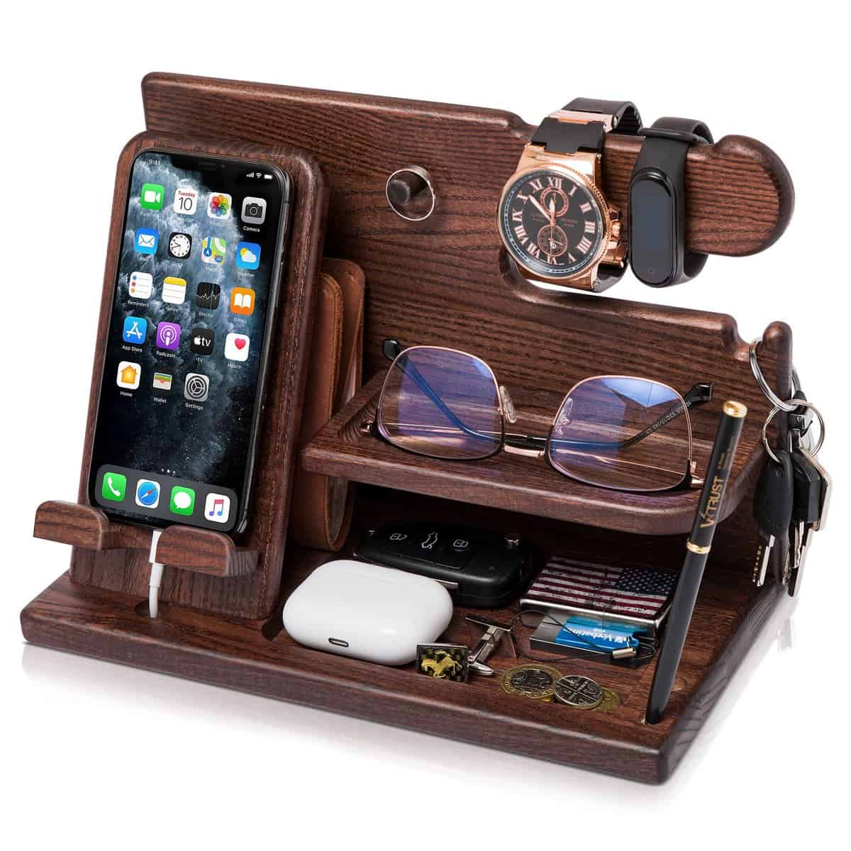 TESLYAR Wood Phone Docking Station Ash Key Holder Wallet Stand Watch Organizer Men Gift Husband Wife Anniversary Dad Birthday Nightstand Purse Father Graduation Male Travel Idea Gadgets (Brown)