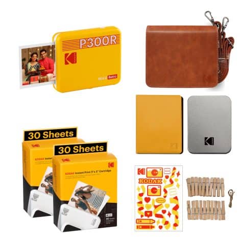 Retro Yellow Kodak Mini Printer, prints 3×3 inch photos, includes 68 sheets as a gift.