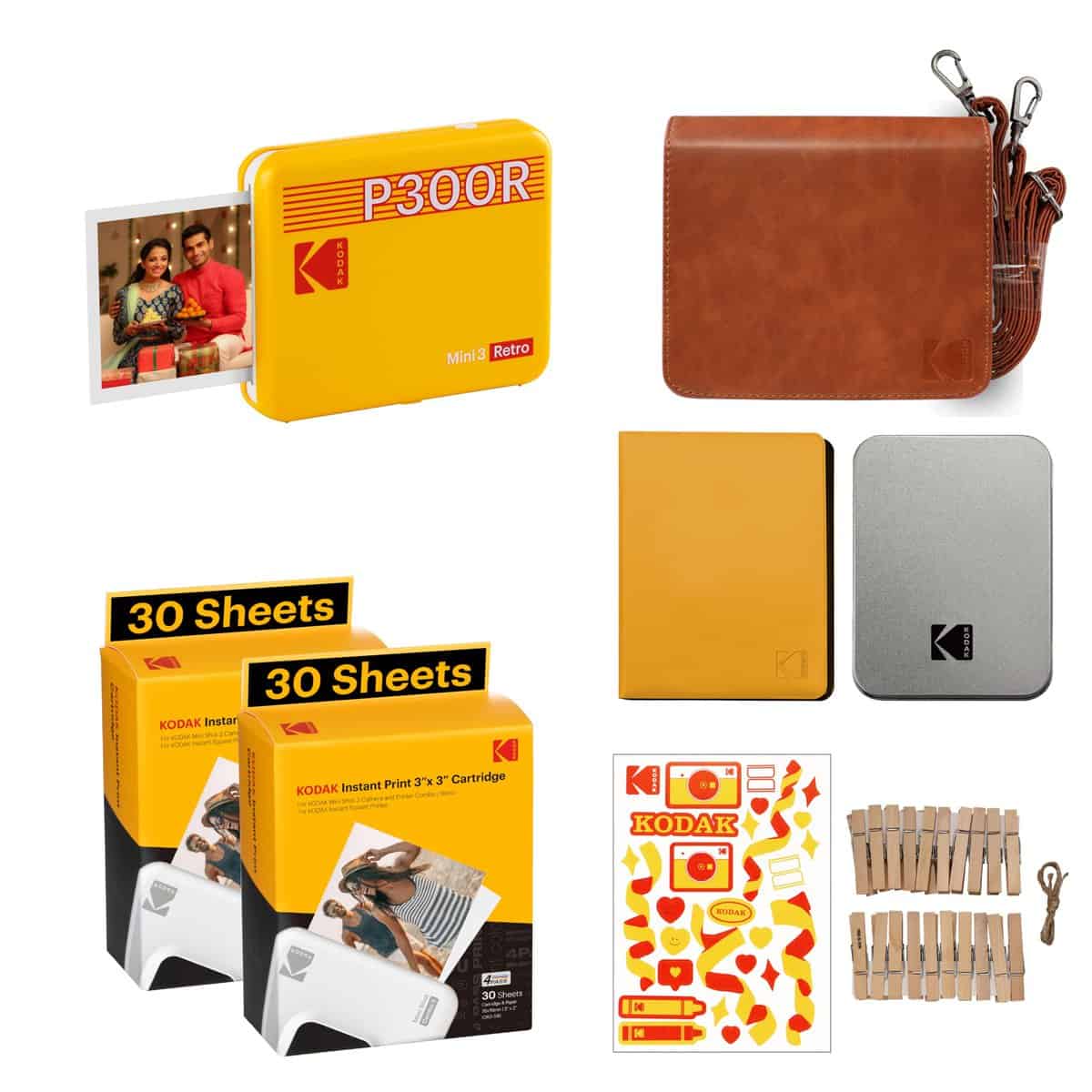 KODAK Mini 3 Retro 4PASS Portable Photo Printer (3x3 inches) + 68 Sheets Gift Bundle, Yellow