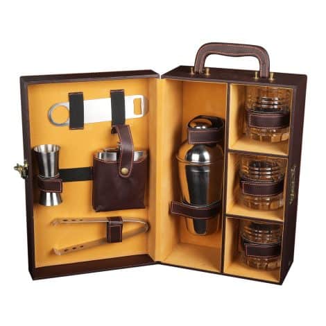 Premium Bar Set with Whiskey Glasses and Portable Leatherette Case, Perfect for Picnics, Travel, and Cars. (Brown)