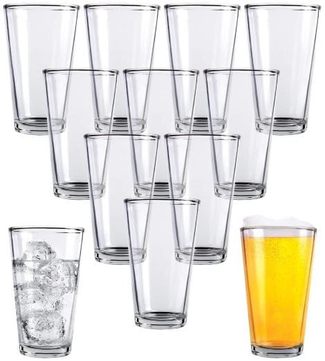 Kitchen Lux’s set of 12 Clear Glass Beer Cups: Perfect for home, kitchens, restaurants, bars, parties; lead and BPA free.