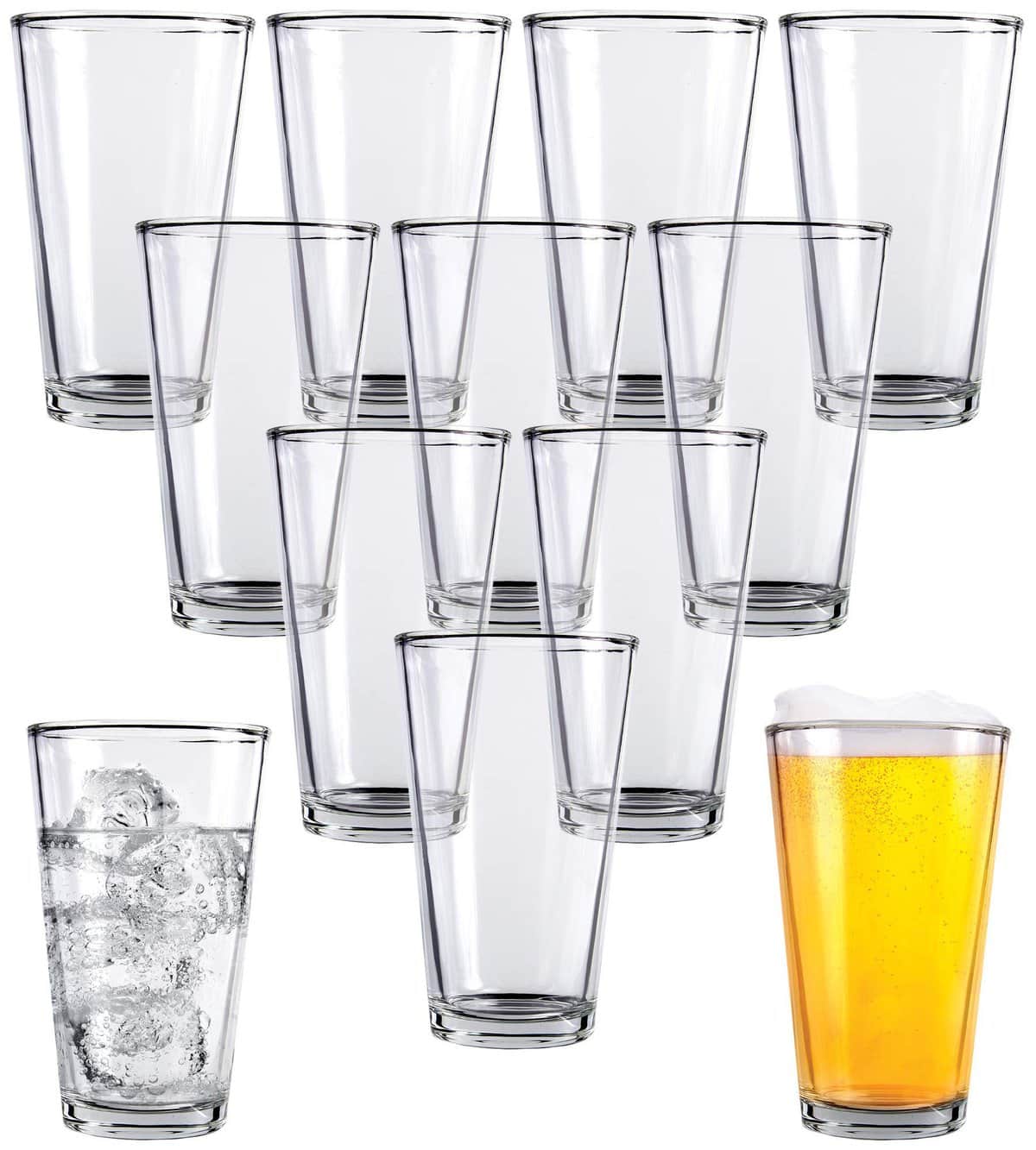 Clear Glass Beer Cups – 12 Pack – All Purpose Drinking Tumblers, 16 oz – Elegant Design for Home and Kitchen – Lead and BPA Free, Great for Restaurants, Bars, Parties – by Kitchen Lux