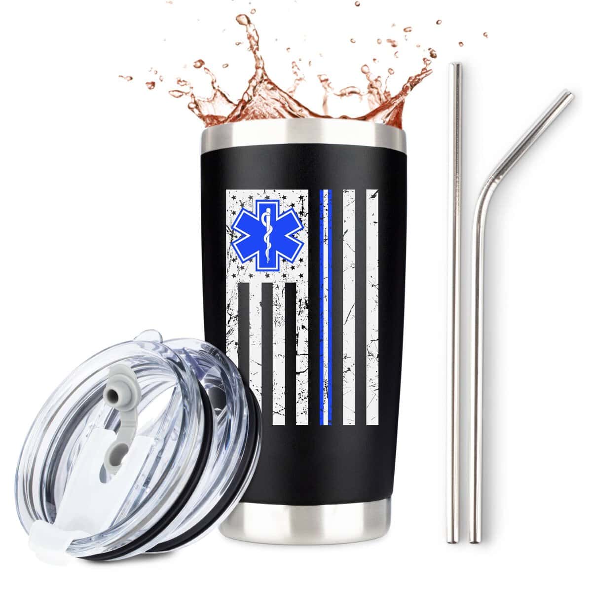 Paramedic Gifts, Thin White Line Flag Large 20oz Travel Tumbler/Mug with Premium Sliding Lid for Coffee or Cold Drinks, Perfect for EMT Gear, EMS, Women, First Responder Gift by Globodyne Tumblers