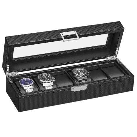 BEWISHOME Men’s Watch Box – Sleek Carbon Fiber Design, 6 Slots, Real Glass Top, Black SSH13C