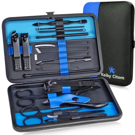 Travel or home use professional grooming kit for women, with 18 stainless steel tools. (Black/Blue)