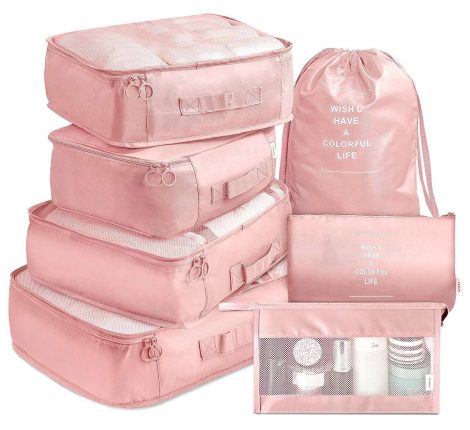 House of Quirk 7pcs Travel Organizer Set: Compact Luggage Organizers with Laundry or Toiletry Bag (Light Pink).