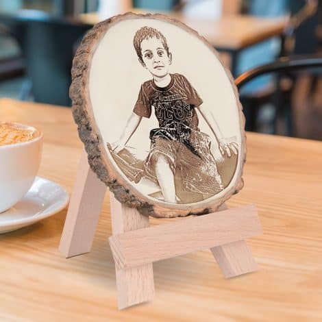 Custom engraving on wooden slice photo frame with stand, available in 6 to 8 inch size.