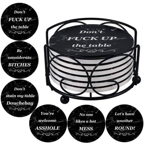 Funny Drink Coasters Set with Holder, Absorbs Moisture, Perfect Housewarming Gift for Women and Men