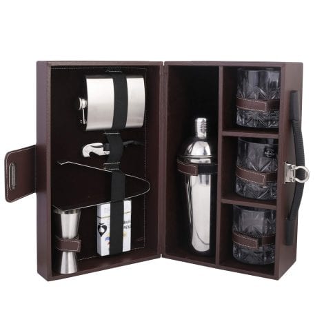 Portable Bar Set in Leatherette Briefcase with Whiskey Glasses for Picnics, Travel, or Car.