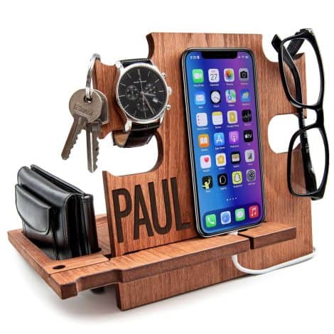 Customizable presents for males, portable phone prop, wooden work desk sorter, iPhone docking – nightstand charger, cellphone holder. Perfect for festivities, bday, and jubilee.