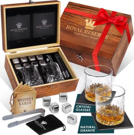 Premium Whiskey Chilling Set: Crafted stones, glasses, and coasters by Royal Reserve to elevate celebrations, ideal for gifting.