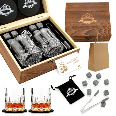 Whiskey Rocks and Glass Set – Premium Box with Granite Chilling Stones and 2 Glasses, Perfect for Gifting.