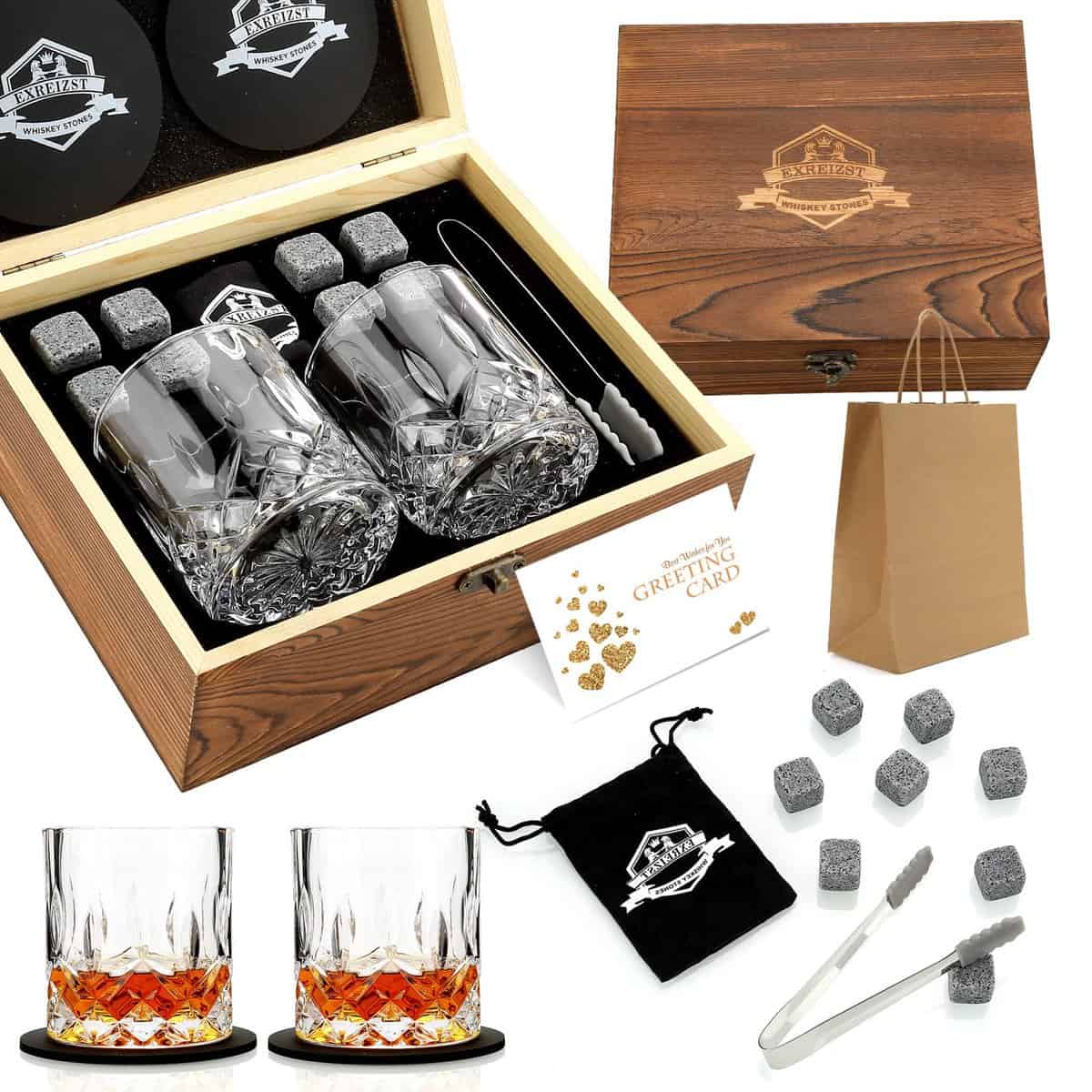 Whiskey Stones and Whiskey Glass Gift Set - Bourbon Scotch Whiskey Glass Set of 2 - Granite Chilling Rocks in Premium Wooden Box - Best Drinking Gifts for Men Dad Husband Birthday Holiday etc (Medium)