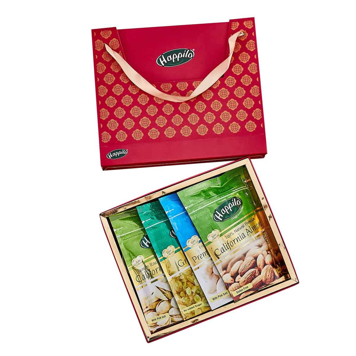 Happilo Dry Fruit Celebrations Gift Box Sunflower California Almonds, Premium Cashews, Raisins & Salted Pista, Mixed Nut, 200 + 200 + 250 + 150 g, 800 g