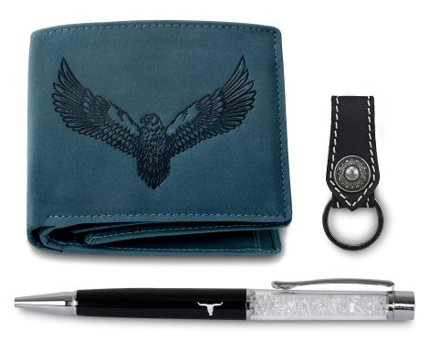 URBAN FOREST Zylo Vintage Blue Leather Wallet + Keychain + Pen Combo Gift Set is for Indian men.