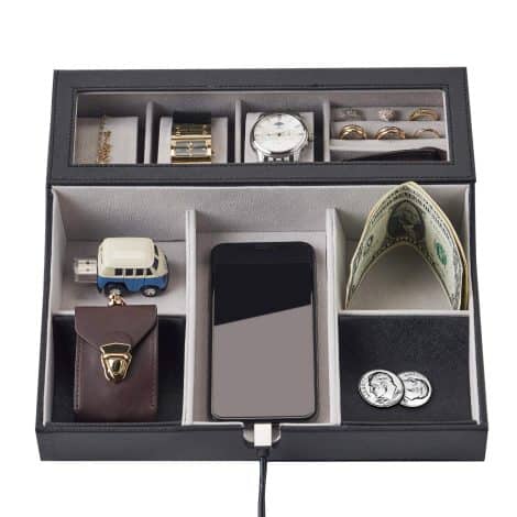 Black PU Leather Valet Tray: Ideal for Organizing Men’s Jewelry, Keys, and Watches. Features Charging Station.