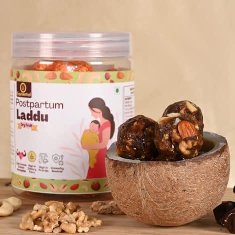 Postnatal Power Bites: Nutrient-rich laddus combining essential dry fruits, boosting postpartum recovery for Indian moms.