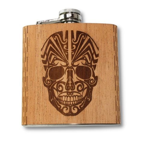 WUDN 6 oz. Wood Hip Flask with Day of the Dead Design on Mahogany