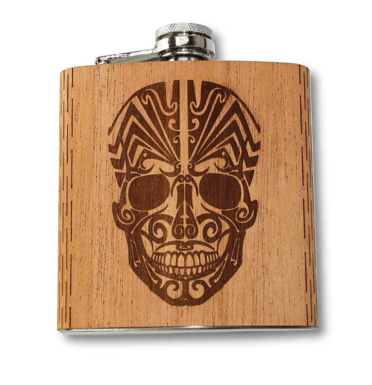 WUDN 6 oz. Wooden Hip Flask - Stainless Steel Body, Day of the Dead Engraved Mahogany