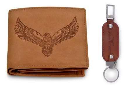 Vintage Cognac Leather Wallet & Keychain Combo Gift Set for Men by URBAN FOREST Zeus