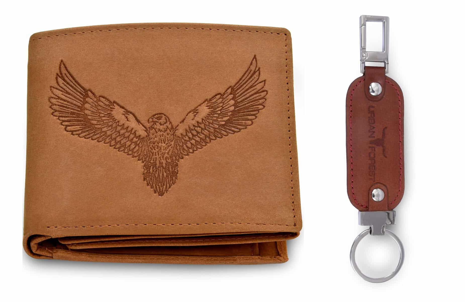 URBAN FOREST Zeus Vintage Cognac Leather Wallet & Keychain Combo Gift Set for Men