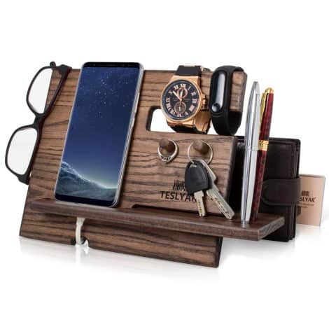 Wooden Phone Docking Station with Key Hooks, Wallet Stand, Watch Organizer. Perfect gift for men in India. Suitable for nightstand, travel, and more.