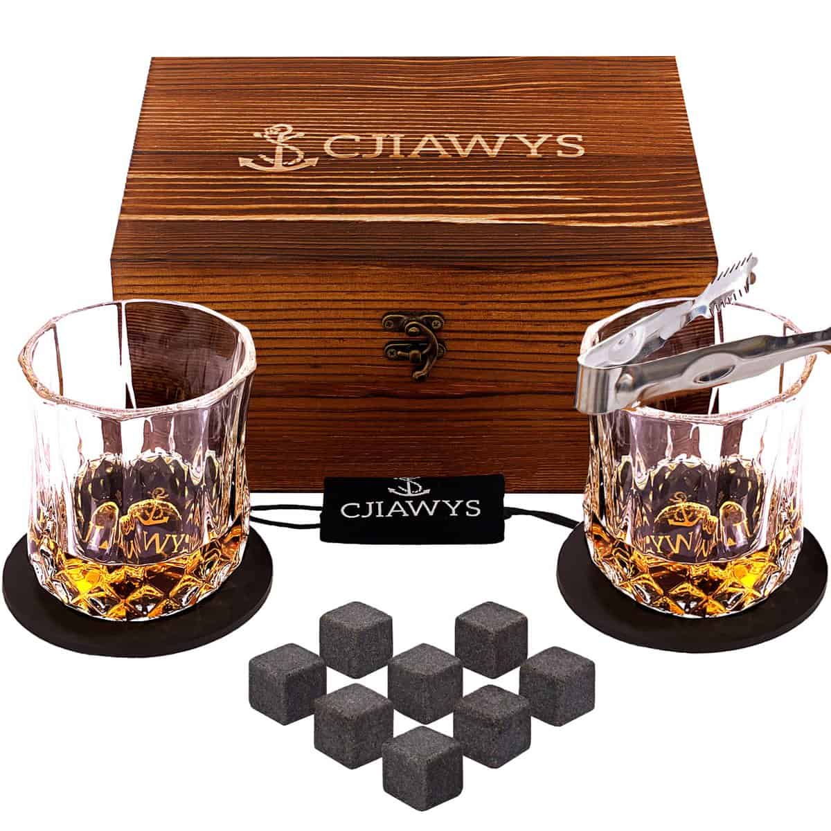 CJIAWYS Whiskey Gifts for Men, Christmas Birthday Gifts for Him Dad Husband, Bourbon Gifts for Groomsmen Brother Boyfriend Boss Grandpa, Whiskey Stones Set with Glass for Birthday Holiday Gift