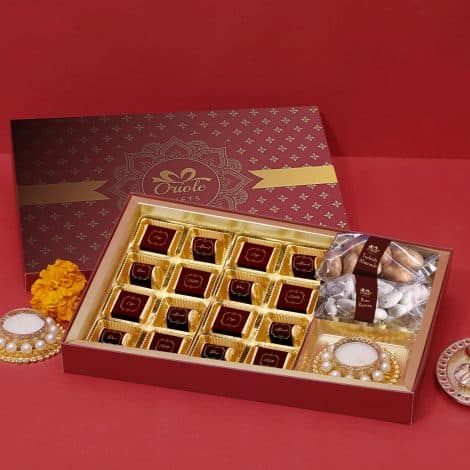 Diwali Hamper for Gifting with 16 Chocolates, 2 Dry Fruit Dragees & 1 Pearl Diya.