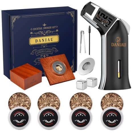 DANIAU Cocktail Smoker Kit with Torch, 4 Flavors Wood Chips for Whiskey Infuser Kit, Old Fashioned Bourbon Drink Kit with Reusable Ice Cubes. Ideal gift for Indian men, Dad. (square, black)