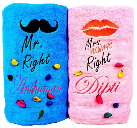 TurtleLittle, Cotton, Mr. Right, Mrs. Always Right Personalized Valentine’s Couple Towel Set, 600 GSM (Pink and Blue, 2 pcs).