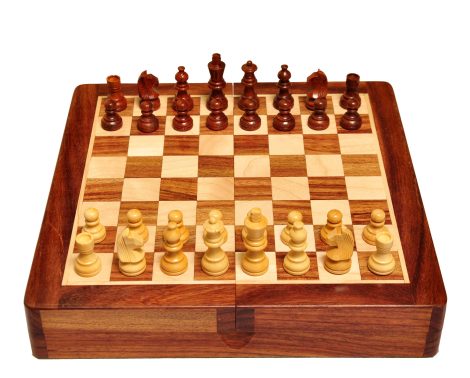 Royal Handicrafts’ Palm Wooden Chess Board Set, crafted with Rosewood and Maple, in a foldable, cupboard-style design. Brown, 14×14 inches.