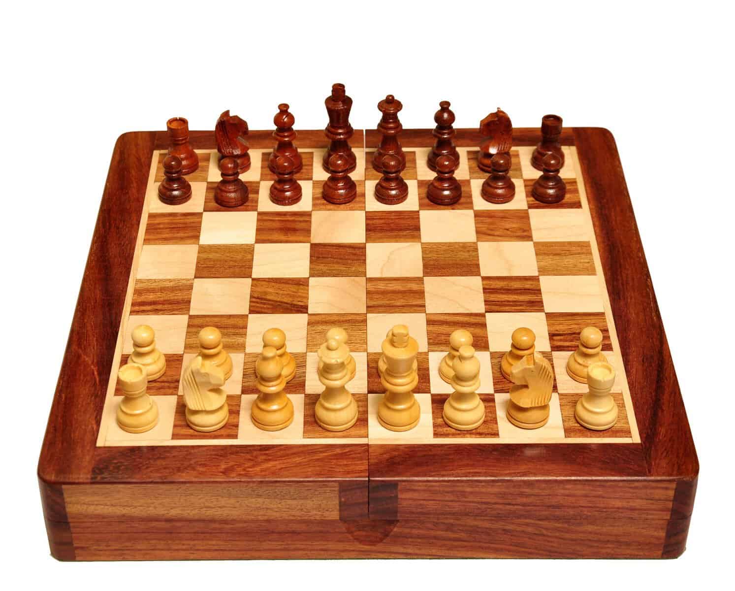 PALM ROYAL HANDICRAFTS 14 Inches Cupboard Style Wooden Chess Board Set Made with Rose Wood and Maple Wood Foldable. Brown (14 x 14 Inches)