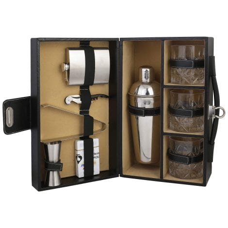 Portable leatherette bar accessories set for picnics, travel, and cars, including whiskey glasses in black and beige.