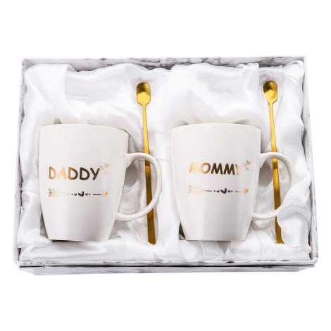 White ceramic mugs for Indian parents with lovely packaging, spoons, an ideal gift from children.