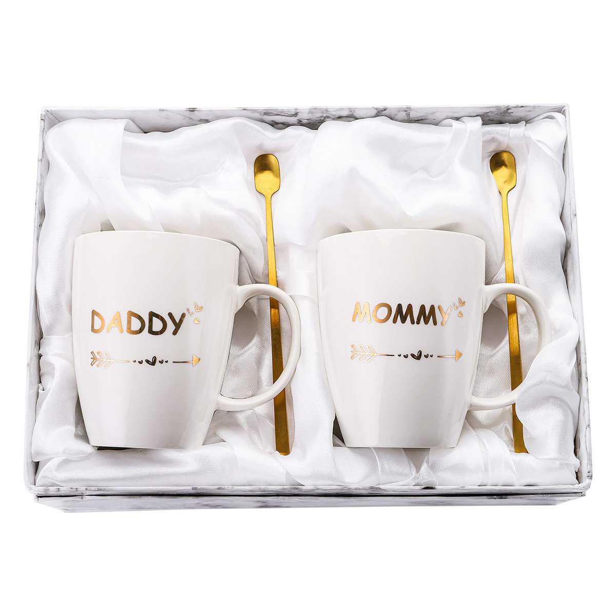 Cedilis Mom and Dad Coffee Mug Set, New Mom and Dad Gifts New Parents Gifts, Mother Father Ceramic Mugs Cups from Daughter Son, Exquisite Box Package with Spoons, White, 15oz