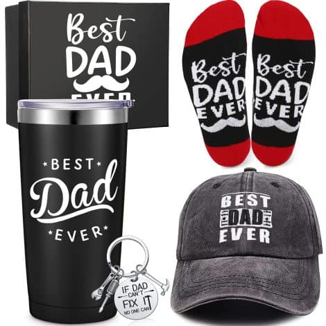 Dad’s Day Special – 5-Piece Gift Set: Insulated Tumbler, Baseball Cap, Socks, Keychain, and Gift Box. Ideal for Dad and Husband!