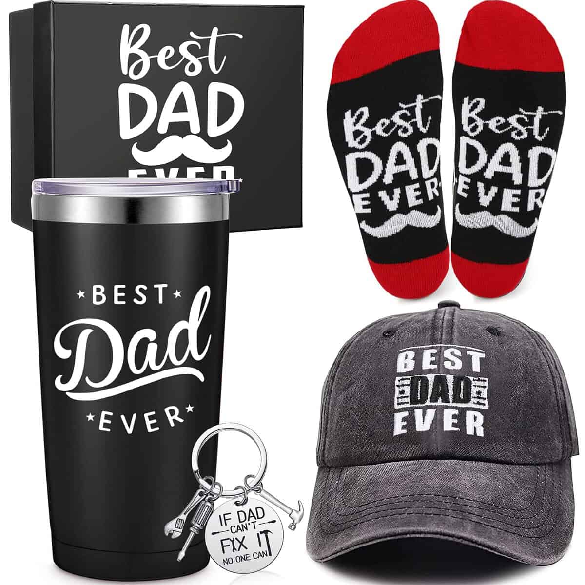 5 Pcs Gift Set for Dad Fathers Day Dad Gifts Birthday Gifts for Men Funny Presents Include Insulated Tumbler Baseball Cap Socks Keychain with Gift Box for Dad, Husband