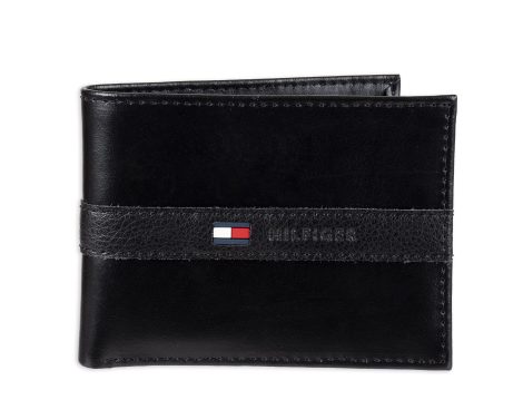 Tommy Hilfiger Black Leather Wallet with Card Holder for Men, Conveniently Removable, Suitable for All Sizes.