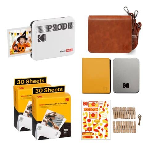 KODAK Mini 3 Retro Printer (3×3 inches) + 68 Sheets Gift Bundle, White for Indian consumers.